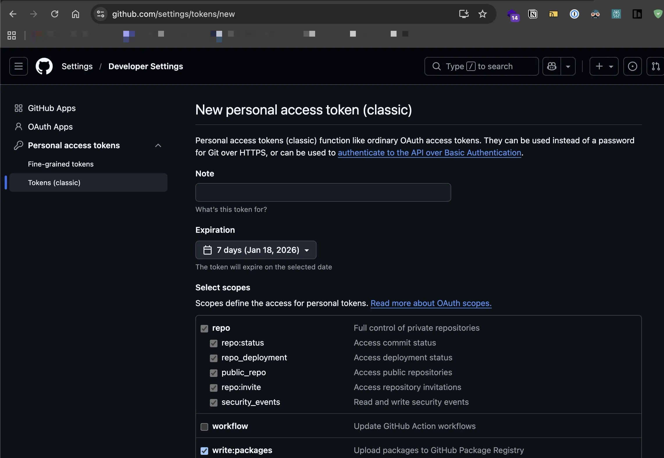 Go to this page to create the token for pushing to Github docker registry. I don't remember the least necessary scopes for pushing so I just check all 🤣